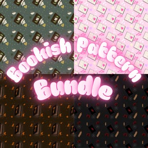 Puede incluir: Un conjunto de cuatro patrones repetidos con temática de libros. Los patrones incluyen libros, llaves, corazones y tazas de café en varios colores, como verde, rosa, marrón y negro. El texto "Bookish Pattern Bundle" está en rosa brillante.