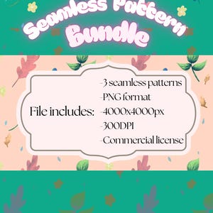 May include: A digital graphic design bundle with a teal and peach background. The text "Seamless Pattern Bundle" is in white with a pink outline. The image includes 3 seamless patterns in PNG format, 4000x4000px, 300DPI, and a commercial license.