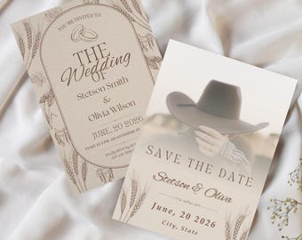 May include: Two beige wedding invitations with brown text and illustrations. One invitation reads "The Wedding of Stetson Smith & Olivia Wilson" and "June, 20 2026". The other says "Save the Date" with the same names and date.
