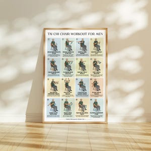 May include: A framed poster titled "Tai Chi Chair Workout for Men" with illustrated exercise poses. The poster features various seated Tai Chi movements, including "Grounded Breath Flow" and "Closing Harmony Pose."