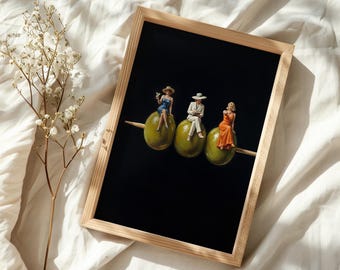 Dirty Martini Olives Oil Painting Print, Cocktail Art Print, Home Bar Decor, Kitchen Art, Olive Art Print, Martini Olive Art