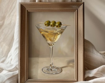 Martini Glass with Olives Oil Painting Print, Cocktail Art Print, Home Bar Decor, Kitchen Art, Olive Art Print, Martini Olive Art