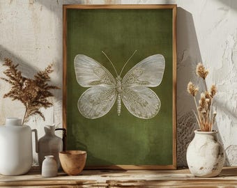 White Butterfly Print, Vintage Style Olive Green Wall Art, Farmhouse Decor, Antique Moth Painting, Vintage Cottagecore