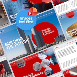 May include: A collection of digital marketing and business service presentation slides. The slides feature a red, white, and blue color scheme with the text "BUILDING THE FUTURE" and "Images Included". Other slides show a modern building and a robotic arm.