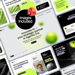 May include: A collection of digital interface mockups with a modern design. The layouts feature a black and white color scheme with green accents. Text includes "Innovate AI", "AI Employee", and "workforce". The image also includes a "Images Included" logo.