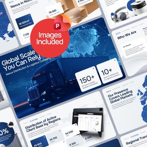 Puede incluir: Una presentación digital en azul y blanco, que muestra servicios de logística y distribución. Las diapositivas incluyen un camión, mapas del mundo y visualizaciones de datos. El texto incluye "Global Scale You Can Rely" e "Images Included".