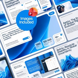 Op de afbeelding: Een digitale presentatie met een blauw en wit thema. Het bevat de tekst "Images Included" in een blauwe cirkel, samen met andere tekst en afbeeldingen. De presentatie gaat over technologie en digitale evolutie.