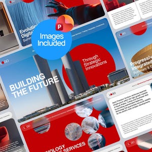 May include: A collection of digital marketing and business service website mockups. The designs feature a red, white, and blue color scheme with the text "BUILDING THE FUTURE" and "Images Included". The mockups showcase various business concepts.