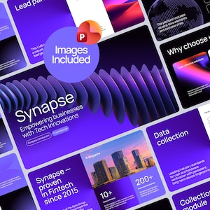 Pode incluir: Uma apresentação digital com um esquema de cores roxo e preto. A apresentação inclui o texto "Synapse" e "Empowering businesses with Tech Innovations". Outros slides destacam a coleta de dados, a política de controle de qualidade e outros tópicos relacionados a negócios.
