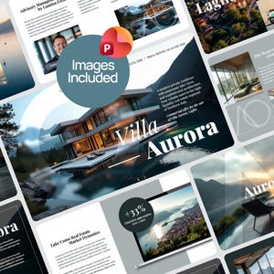 Könnte beinhalten: Eine Collage von Bildern mit Luxusimmobilien. Das zentrale Bild zeigt eine moderne Villa mit dem Text "Villa Aurora". Weitere Bilder zeigen Innen- und Außenansichten sowie den Text "Images Included".