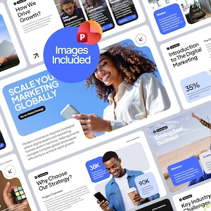 May include: A digital marketing presentation with a blue and white color scheme. The slides include images of people using technology, charts, and text. The presentation's theme is about scaling marketing globally and driving real business.