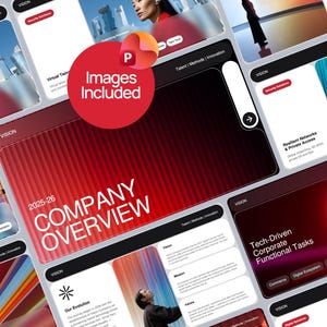 以下が含まれることがあります： 赤と白を基調としたデジタルプレゼンテーションスライドのコレクション。スライドには「COMPANY OVERVIEW」と「Tech-Driven Corporate Functional Tasks」のテキストが表示されています。「Images Included」と書かれた赤い円も表示されています。
