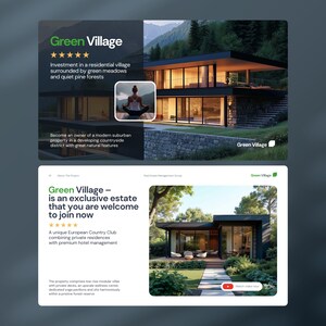 May include: A digital presentation for Green Village real estate featuring a modern two-story house with large glass windows, a stone base, and a person meditating on a deck. The layout includes text, five-star ratings, and a video tour button.