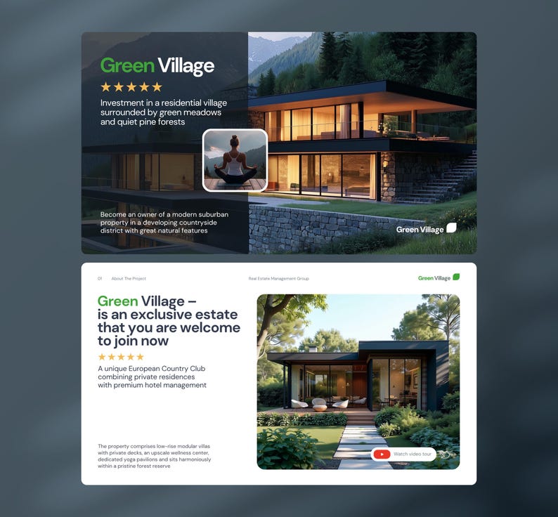 May include: A digital presentation for Green Village real estate featuring a modern two-story house with large glass windows, a stone base, and a person meditating on a deck. The layout includes text, five-star ratings, and a video tour button.