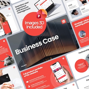 以下が含まれることがあります： Business Caseと題されたデジタルプレゼンテーションテンプレート。モダンな建物、赤と白の配色、グラフ、アイコン、銀行プラットフォーム向けのテキストレイアウト、スマートフォンのディスプレイ、雄牛のグラフィックイラストが含まれています。