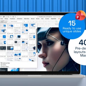May include: A laptop screen displaying a PowerPoint presentation template with a slide master menu showing multiple layout options. The screen features a digital illustration of a person with a headset. Text overlays state 15 Ready to use unique slides and 40+ Pre-designed layouts in Slide Master.