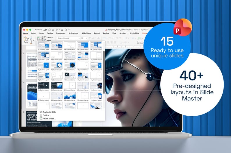 May include: A laptop screen displaying a PowerPoint presentation template with a slide master menu showing multiple layout options. The screen features a digital illustration of a person with a headset. Text overlays state 15 Ready to use unique slides and 40+ Pre-designed layouts in Slide Master.