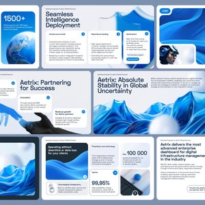 May include: A collection of digital presentation slides for Aetrix featuring blue abstract wave graphics, white text blocks, and data points. The slides display information about enterprise digital infrastructure, intelligence deployment, and partnership opportunities.