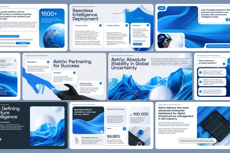 May include: A collection of digital presentation slides for Aetrix featuring blue abstract wave graphics, white text blocks, and data points. The slides display information about enterprise digital infrastructure, intelligence deployment, and partnership opportunities.