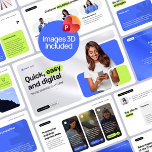 Könnte beinhalten: Eine digitale Präsentationsvorlage für eine Online-Banking-Plattform mit blauem und lindgrünem Farbschema, verschiedenen Folienlayouts mit Text, Symbolen und Fotos von Personen mit Mobilgeräten sowie einem zentralen 3D-Grafiksymbol.