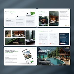 May include: A digital presentation layout for Green Village featuring property management services. The slides display text about purchasing stages, interior design, purchase conditions, and a custom rental platform app with a smartphone mockup.