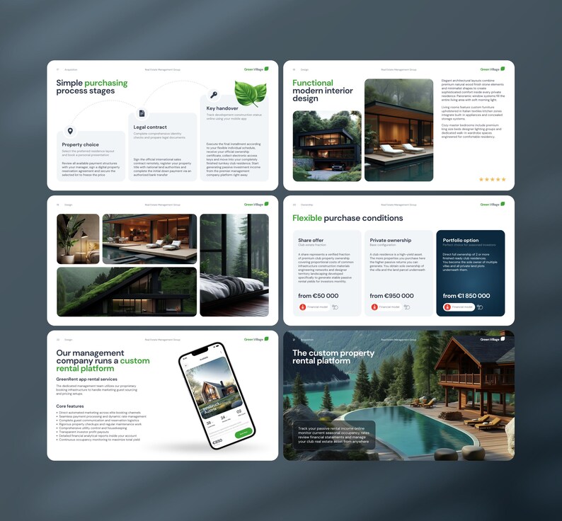 May include: A digital presentation layout for Green Village featuring property management services. The slides display text about purchasing stages, interior design, purchase conditions, and a custom rental platform app with a smartphone mockup.