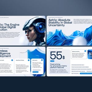 May include: A four-panel digital business proposal presentation for Aetrix featuring a futuristic cyborg head, abstract blue flowing shapes, and text detailing infrastructure audit, rapid neural scaling, optimization, and fixed pricing of 55 dollars.