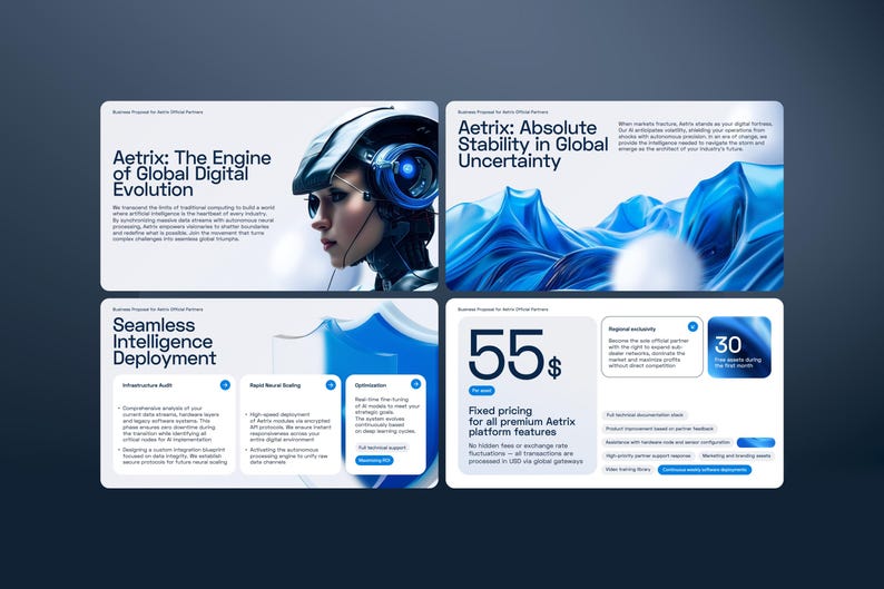 May include: A four-panel digital business proposal presentation for Aetrix featuring a futuristic cyborg head, abstract blue flowing shapes, and text detailing infrastructure audit, rapid neural scaling, optimization, and fixed pricing of 55 dollars.