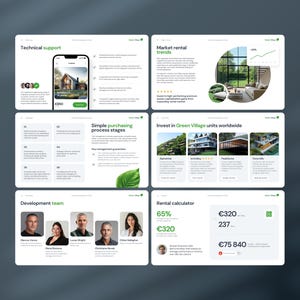 May include: A digital presentation layout for Green Village featuring six slides. Content includes technical support, market rental trends, purchasing process stages, global unit investment options, a development team profile, and a rental calculator with financial data.