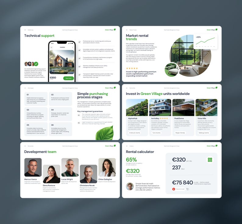 May include: A digital presentation layout for Green Village featuring six slides. Content includes technical support, market rental trends, purchasing process stages, global unit investment options, a development team profile, and a rental calculator with financial data.