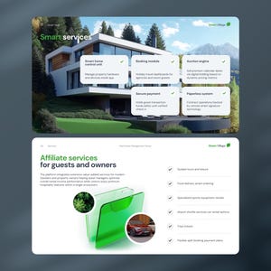 May include: A two-page digital presentation titled Smart services and Affiliate services for guests and owners. The top page shows a modern house with five service boxes. The bottom page features a green folder icon and a list of six services.