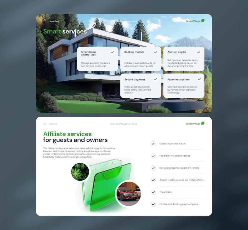 May include: A two-page digital presentation titled Smart services and Affiliate services for guests and owners. The top page shows a modern house with five service boxes. The bottom page features a green folder icon and a list of six services.