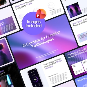 Può includere: Un modello di presentazione digitale con uno sfondo sfumato viola e blu con il testo AI Content for Complex Technologies. Il layout include diverse diapositive che mostrano vari grafici, diagrammi e immagini relativi al marketing.