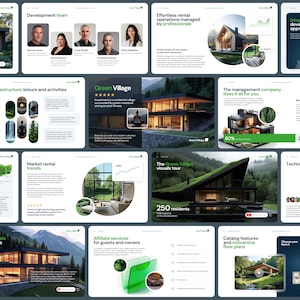 May include: A digital presentation deck for Green Village featuring multiple slides with architectural renderings of modern homes, team member portraits, market rental trend charts, and service descriptions with green and white branding.