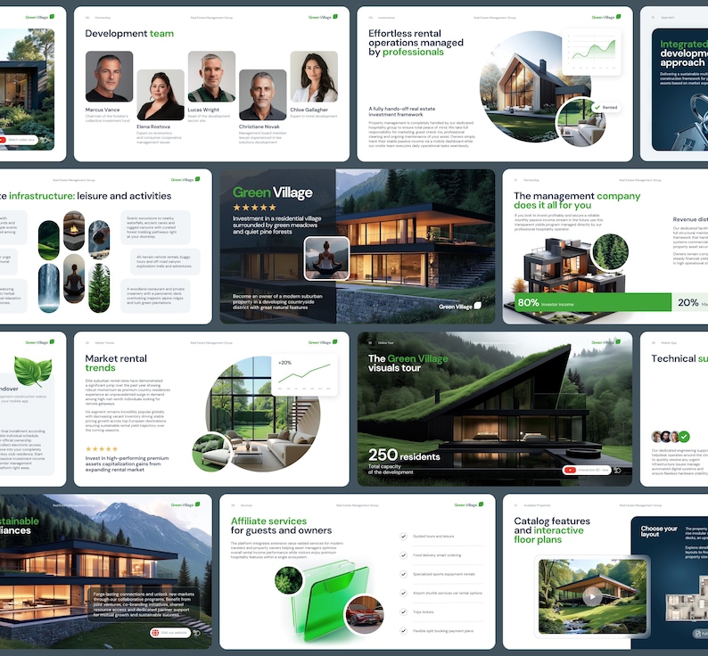 May include: A digital presentation deck for Green Village featuring multiple slides with architectural renderings of modern homes, team member portraits, market rental trend charts, and service descriptions with green and white branding.