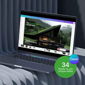 May include: A dark gray laptop displaying a presentation titled The Green Village visuals tour with an image of a modern house with a green roof. A green circular graphic on the screen displays the text Canva 34 Ready to use unique slides.