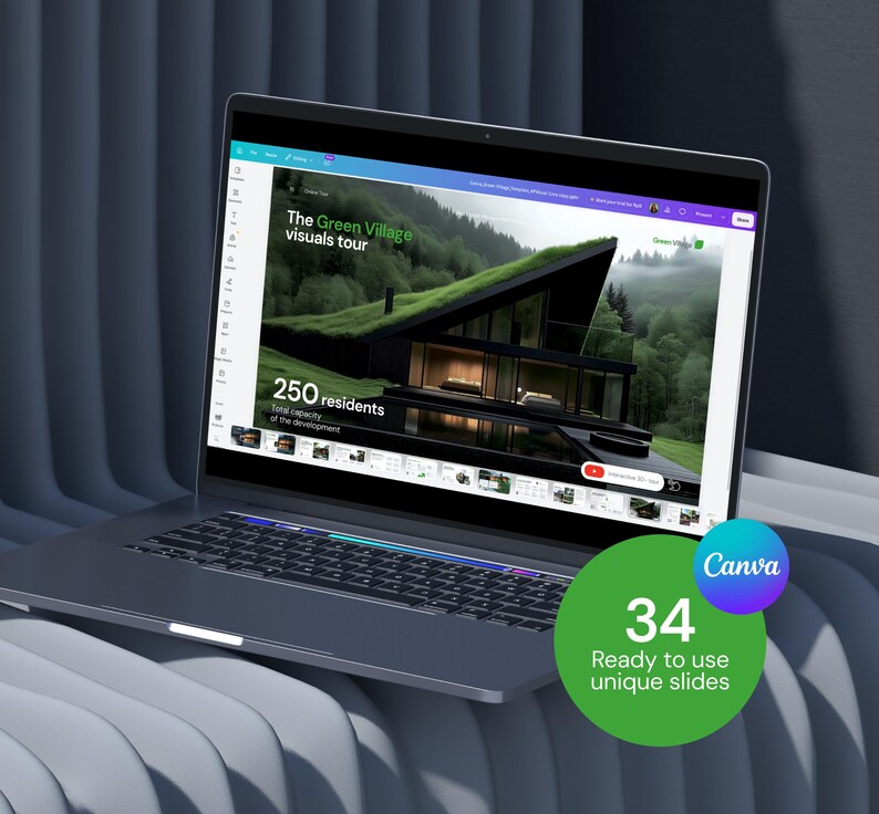 May include: A dark gray laptop displaying a presentation titled The Green Village visuals tour with an image of a modern house with a green roof. A green circular graphic on the screen displays the text Canva 34 Ready to use unique slides.