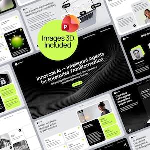 May include: A digital presentation template featuring a black and lime green color scheme with multiple slides displaying text about AI enterprise transformation, intelligent agents, and global partnerships, including a circular badge stating Images 3D Included.