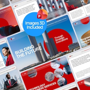 Puede incluir: Una plantilla de presentación digital con múltiples diapositivas en tonos rojo, blanco y azul. Las diapositivas muestran imágenes corporativas, bloques de texto y una insignia circular azul con el texto Images 3D Included.