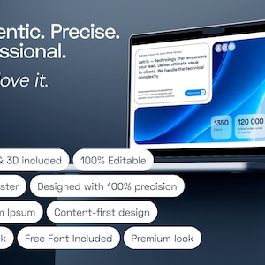 May include: A laptop screen displays a blue-themed business presentation template with text reading Authentic. Precise. Professional. You'll love it. Features include Images & 3D included, 100% Editable, Slide Master, No Lorem Ipsum, and Icon pack.