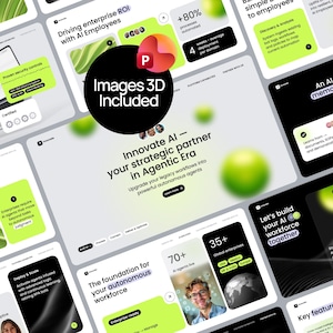 May include: A digital presentation template featuring multiple slides with a black, white, and lime green color scheme. The layout includes text about AI employees, autonomous agents, and enterprise workflows, with a central circular badge stating Images 3D Included.