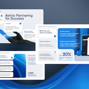 May include: Three white business proposal slides for Aetrix featuring blue accents. The slides contain text about partnering for success, client benefits, and application steps, alongside a digital dashboard graphic and a reaching hand illustration.