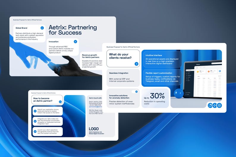 May include: Three white business proposal slides for Aetrix featuring blue accents. The slides contain text about partnering for success, client benefits, and application steps, alongside a digital dashboard graphic and a reaching hand illustration.