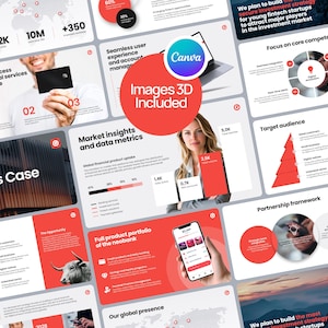 Puede incluir: Una colección de diapositivas de presentación digitales con un esquema de color rojo y blanco que incluye varios gráficos, diagramas y bloques de texto. Las diapositivas incluyen títulos como Market insights y data metrics, Target audience.