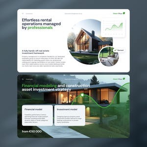 May include: A digital presentation slide featuring real estate investment services. The top section shows a modern house with a green growth chart and a rented status icon. The bottom section displays a contemporary villa with financial and investment model text boxes and a starting price of &euro;50,000.