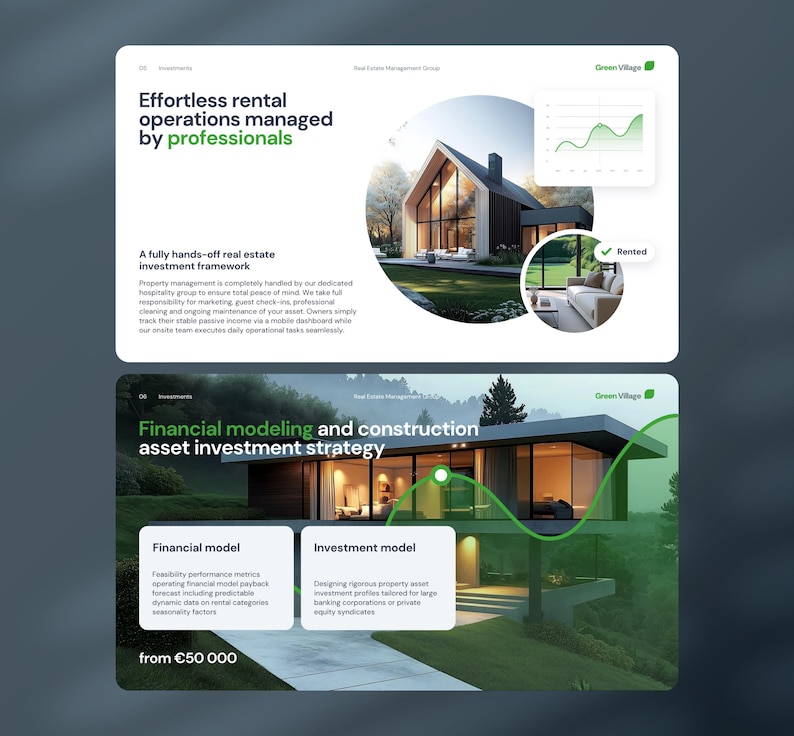 May include: A digital presentation slide featuring real estate investment services. The top section shows a modern house with a green growth chart and a rented status icon. The bottom section displays a contemporary villa with financial and investment model text boxes and a starting price of &euro;50,000.