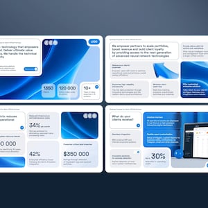 May include: A four-panel business proposal presentation for Aetrix featuring blue abstract wave backgrounds, white text boxes, data metrics, and icons. The slides detail operational cost reductions, client service benefits, and technical infrastructure.