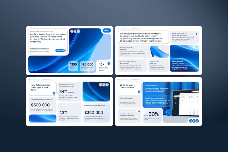 May include: A four-panel business proposal presentation for Aetrix featuring blue abstract wave backgrounds, white text boxes, data metrics, and icons. The slides detail operational cost reductions, client service benefits, and technical infrastructure.