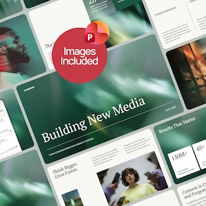 Puede incluir: Una plantilla de presentación digital con un esquema de color verde oscuro y blanco con varios diseños de diapositivas. Las diapositivas muestran texto como Building New Media, Results That Matter y Think Bigger, Grow Faster, junto con imágenes abstractas.