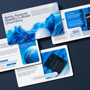 May include: A set of four white rectangular business proposal slides for Aetrix featuring blue abstract wave graphics, a globe illustration, and data dashboard screenshots. The text includes Aetrix: Absolute Stability in Global Uncertainty.